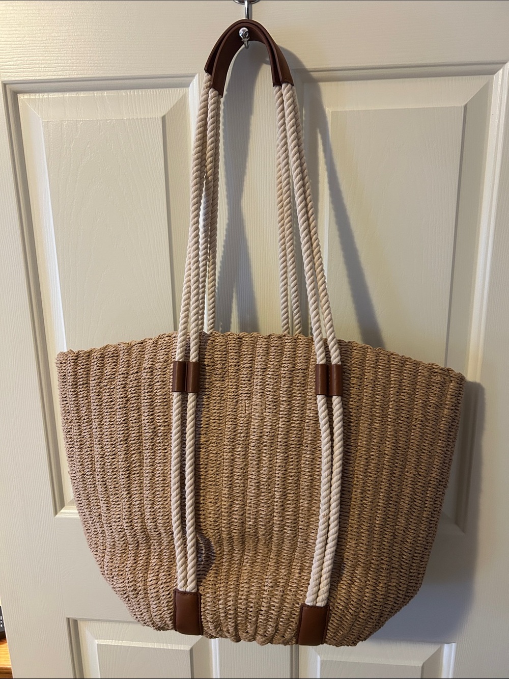 J. Crew Tan Woven Tote with Cream Rope Handles and Brown Trim